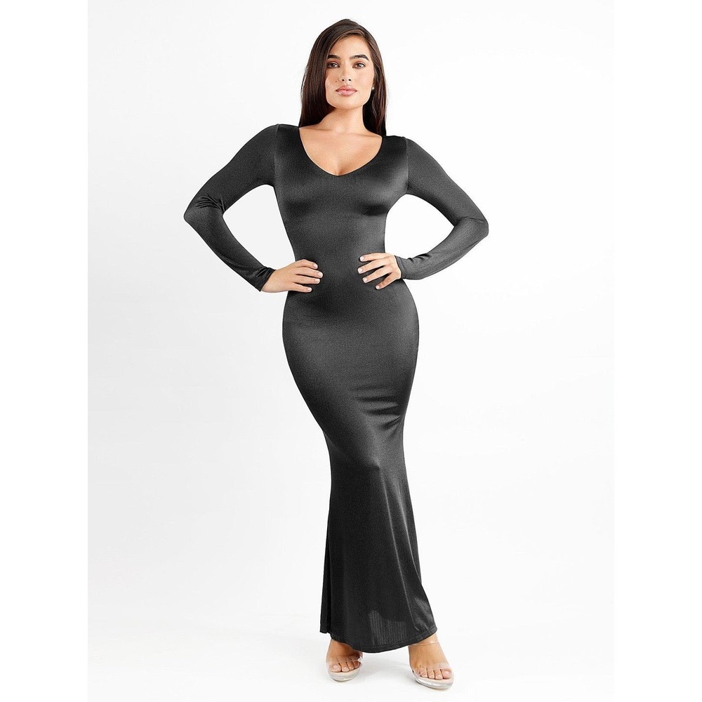 Long Sleeve Black Maxi Dress with Scoop Neck